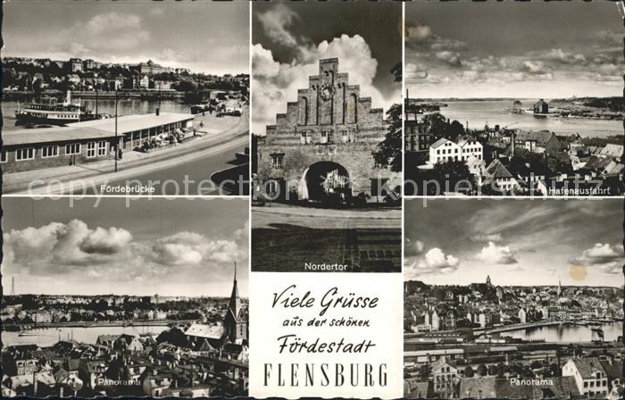 Flensburg Hafenausfahrt Panorama Foerderbruecke Nordertor