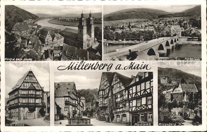 Miltenberg Main Mainbruecke Markt und Katholische Kirche Marktplatz