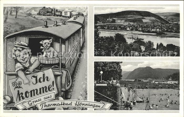 Bad Hoenningen Thermalbad Blick ueber den Rhein Eisenbahn Maedchen mit Hund