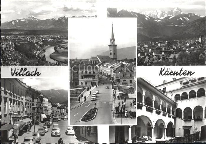 Villach Kaernten Gesamtansicht mit Alpenpanorama Strassenpartie Kirche