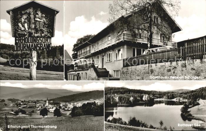 Thurmansbang Geschnitztes Ortsschild Gasthaus Pension Schuerger Panorama Rottaue