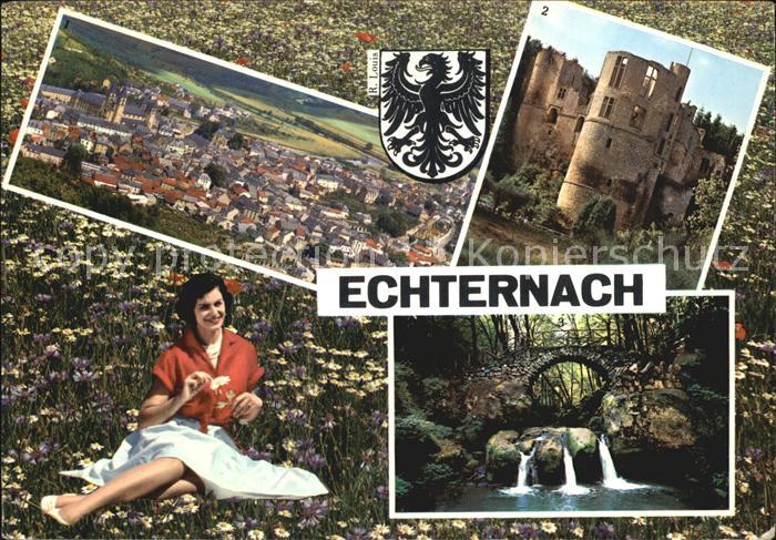 Echternach Totalansicht Burgruine Bruecke Wasserfall