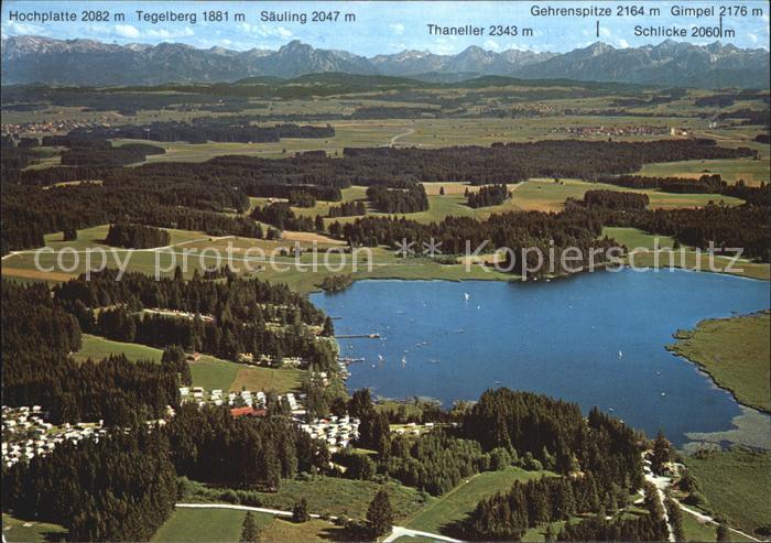 Aitrang Campingplatz Elbsee mit Allgaeuer und Tiroler Hochgebirge Fliegeraufnahm