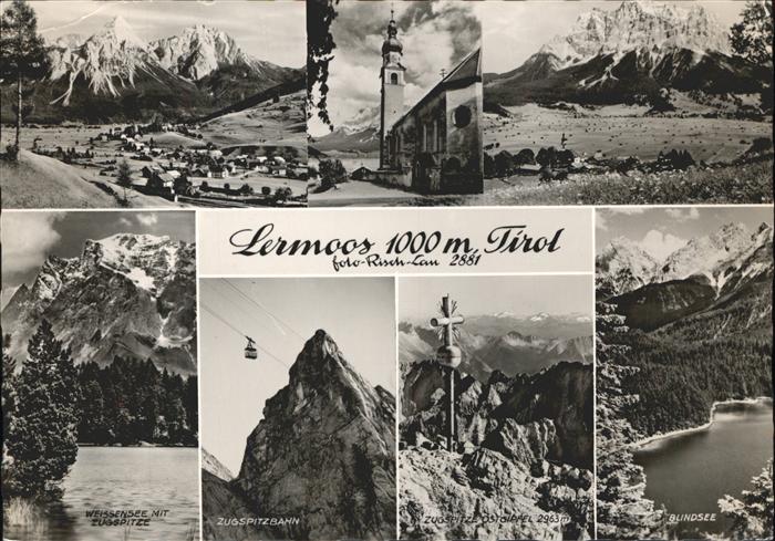Lermoos Tirol Teilansichten Weissensee mit Zugspitze Zugspitzbahn Gipfelkreuz Bl