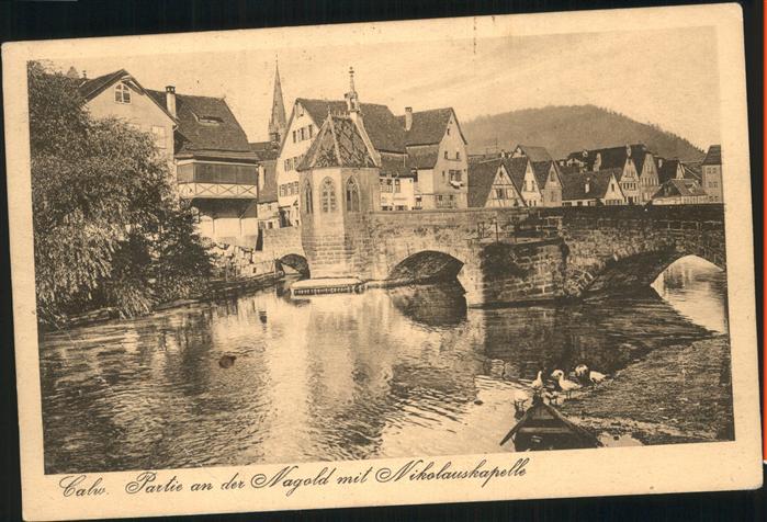 Calw Partie an der Nagold mit Nikolauskapelle