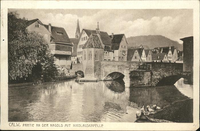 Calw Partie an der Nagold mit Nikolauskapelle