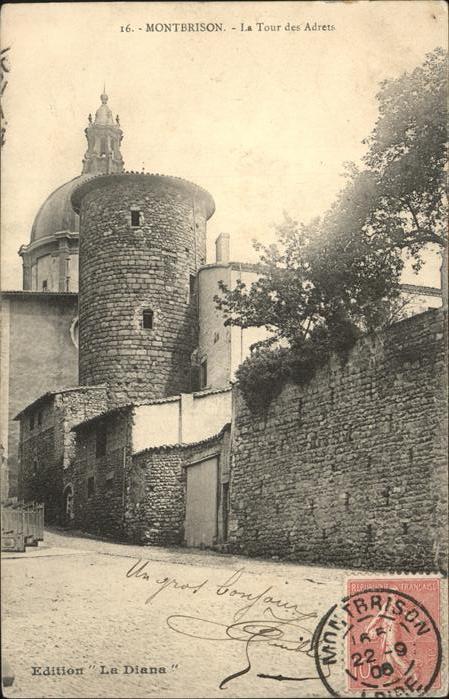 Montbrison Tour des Adrets Stempel auf AK