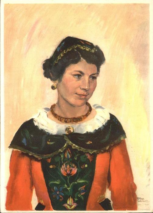 Kuenstlerkarte Hans Kasp. Schwarz Engadinerin Tracht E
