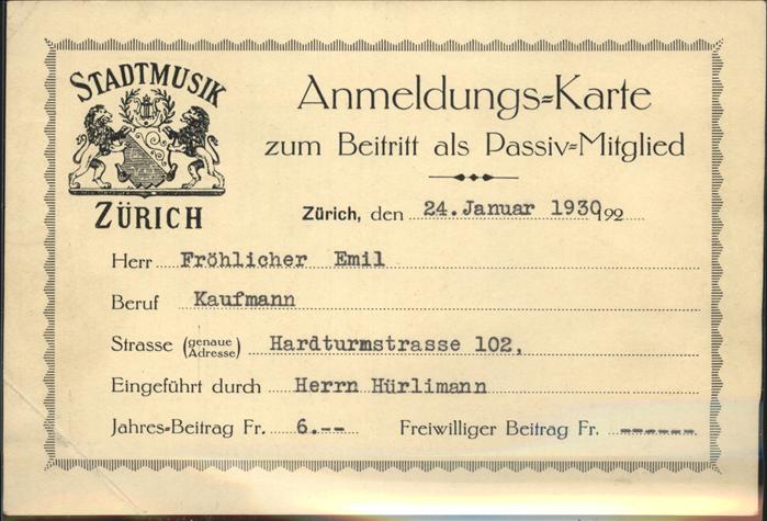 Musikanten Stadtmusik Zürich Mitgliedskarte