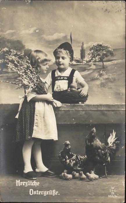 Ostern Easter Paques Huhn Hahn Kinder Weidenkätzchen