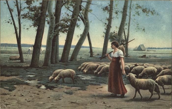 Schafe Hirtin Künstlerkarte Henri Lerolle Pari