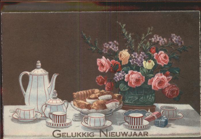 Neujahr Teekanne Tassen Rosen Kuchen