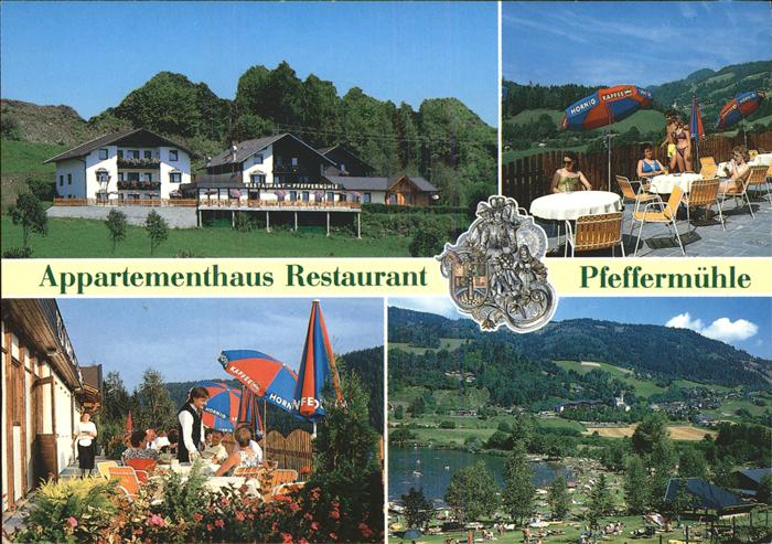 St Urban Kaernten Appartementhaus Restaurant Pfeffermuehle Terrasse Urbansee Str