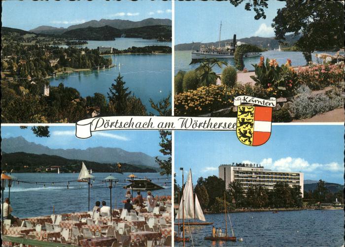 Poertschach Woerthersee Panorama Faehrschiff Boot Wassersport Restaurant Terrass