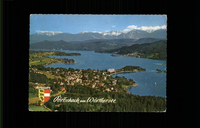 Poertschach Woerthersee Panorama mit See und Karawanken Wappen