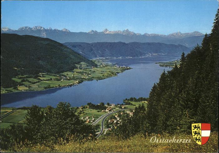 Steindorf Ossiacher See Panorama mit Karawanken und Julischen Alpen Wappen