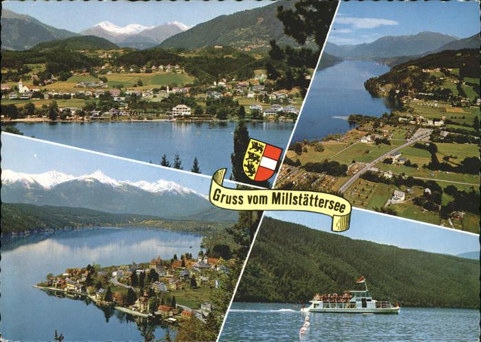 Seeboden Millstaettersee Doebriach Strand Millstatt mit Gmeineckgruppe Schiffsru