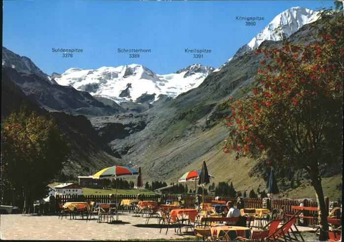 Sulden Solda Trentino-Alto-Adige IT Restaurant Terrasse Blick zu Ortlergruppe