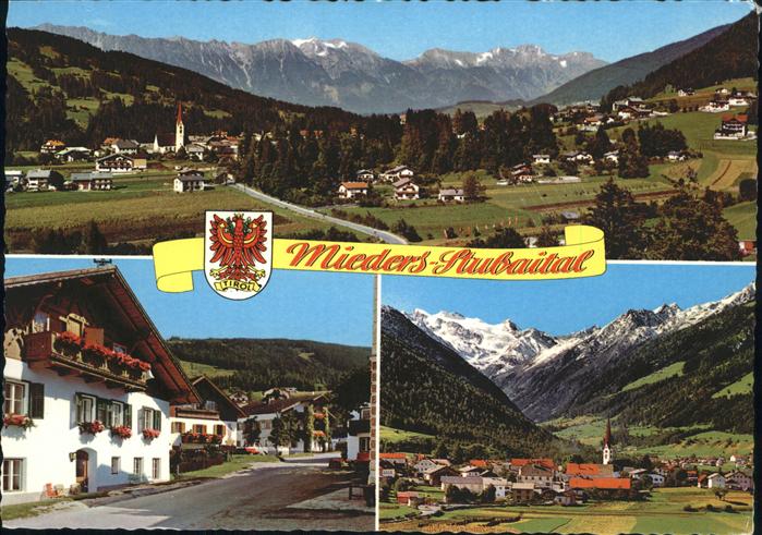 Mieders Tirol Panorama mit Alpenblick Stubaital Strassenpartie Wappen