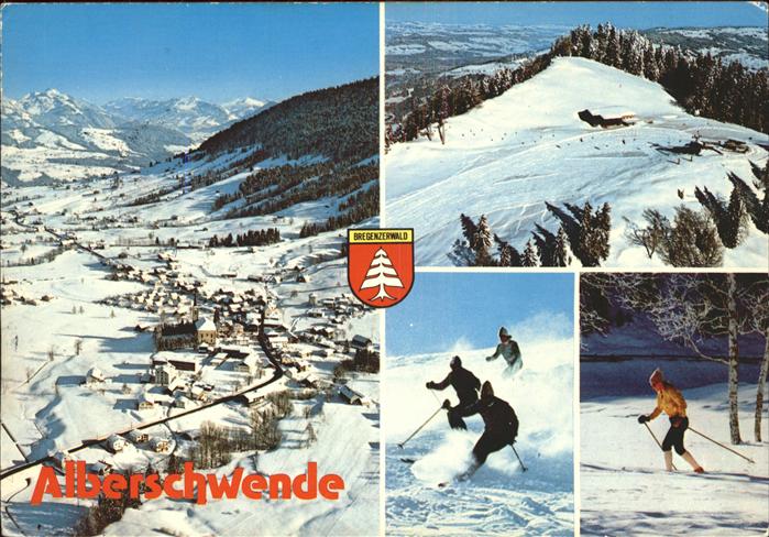 Alberschwende Panorama mit Vorarlberg und Bregenzerwald Skilaeufer