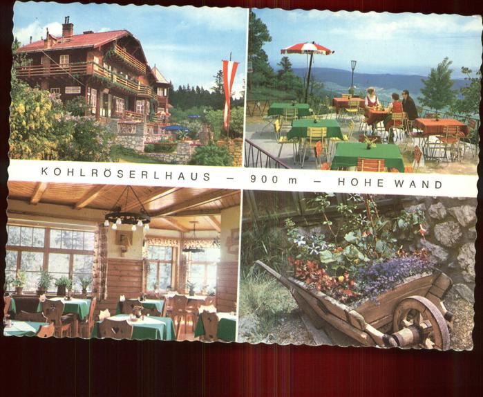 Stollhof Hohe Wand Kohlroeserlhaus Terrasse Gastraum bepflanzte Schubkarre