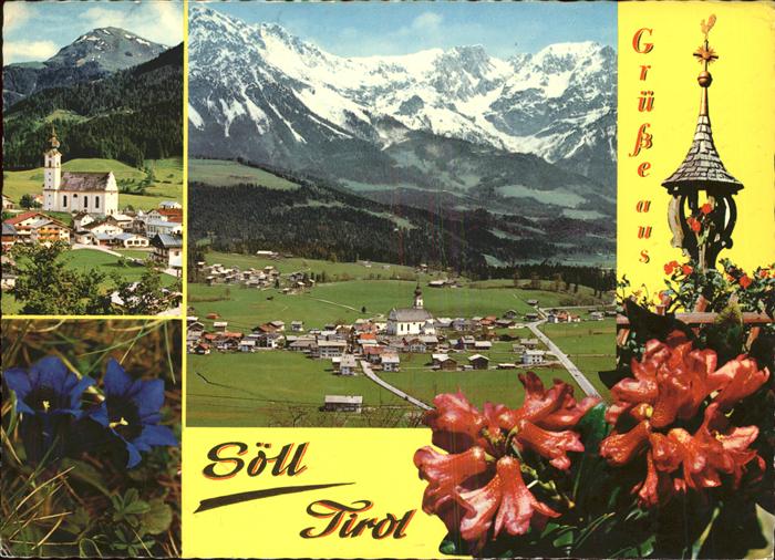 Soell Tirol Ortsblick mit Wildem Kaiser und Hohe Salve Brunnen