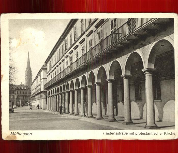 Muelhausen Elsass Friedensstrasse mit protestantischer Ki