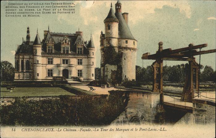 Chenonceaux Indre et Loire Chateau Facade Tour des Marques et Pont