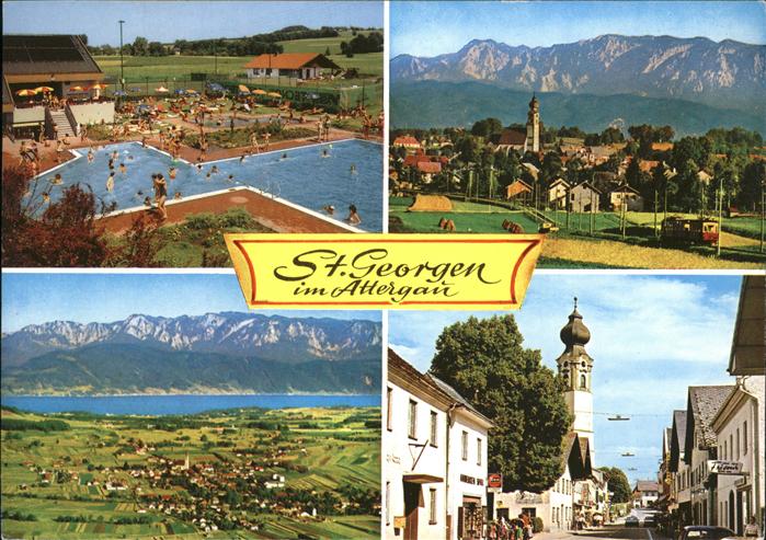 St Georgen Attergau Schwimmbad Ortsansicht mit Kirche Eisenbahn See Alpenpanoram