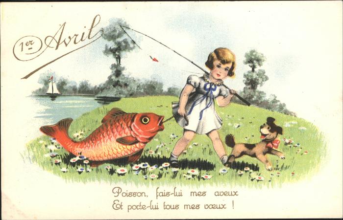 Monatskarte April Avril Fisch Hund Kind Angelrute