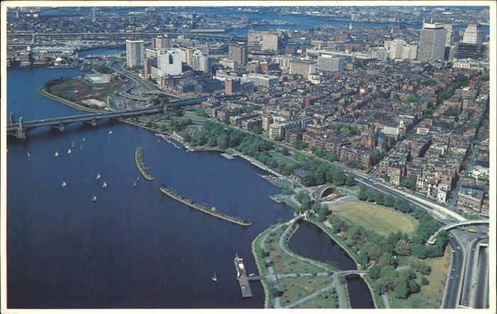 Boston Massachusetts Aerial view of Charles River Basin Storrow Drive Longfellow