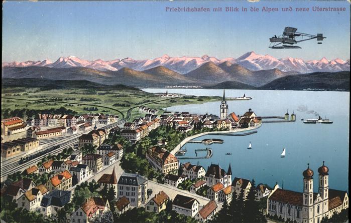 Friedrichshafen Bodensee aus der Vogelschau mit Alpenpanorama Feldpost