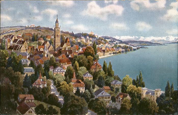 ueberlingen Bodensee Panorama am See mit Alpen Kuenstlerkarte