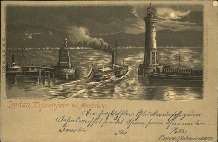 Lindau Bodensee Hafeneinfahrt mit Leuchtturm bei Mondschein