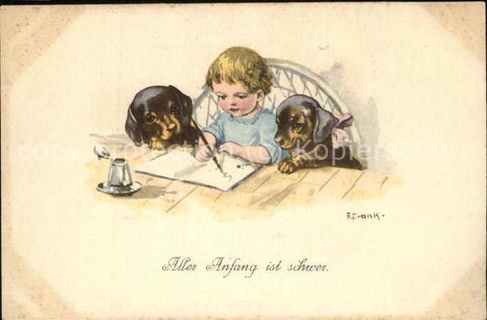 Kuenstlerkarte Aller Anfang ist schwer Dackel Kind
