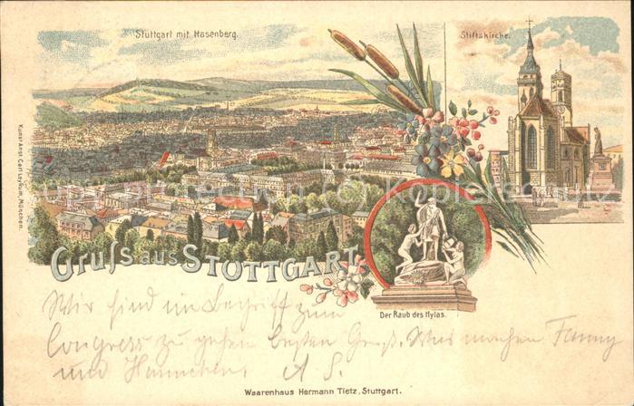 STUTTGART  CITY mit Hasenberg Stiftskirche und Skulptur Raub des Hylas