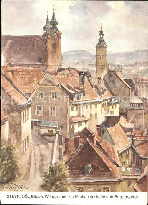 Steyr Enns Oberoesterreich Wehrgraben mit Michaelerkirche und Bürg