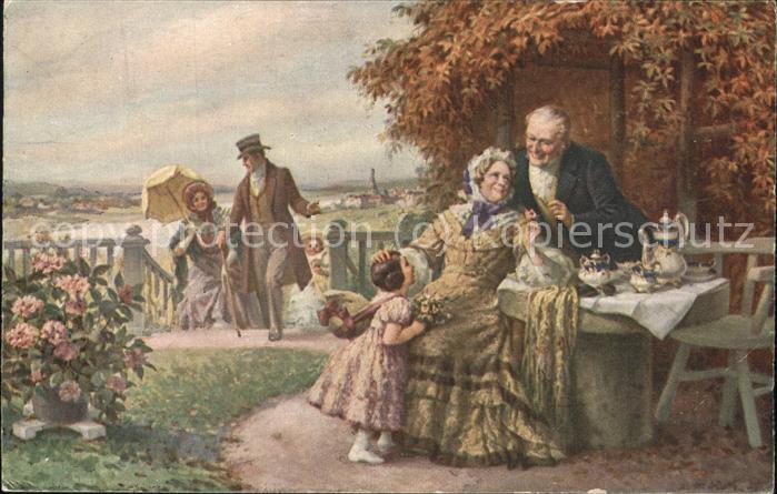 Verlag Muenchner Kunst Nr. 3122 Ehepaar Kind Kaffeekränzchen