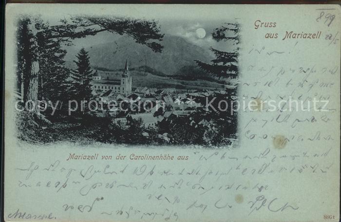 Mariazell Steiermark Blick von Carolinenhoehe Basilika im Mondschein