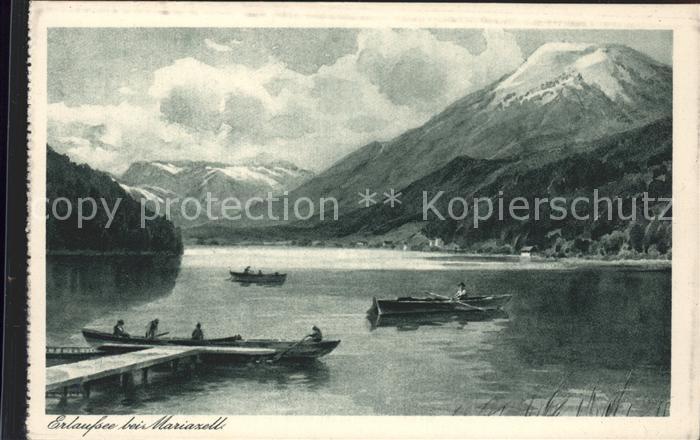 Mariazell Steiermark Uferpartie am Erlaufsee Anlegesteg Boot Alpenpanorama