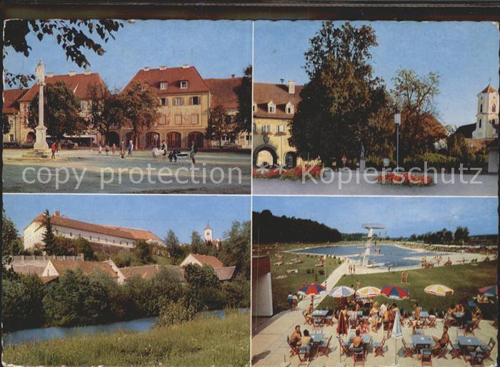 Fuerstenfeld Hauptplatz Saeule Stadttor mit Klosterkirche Motiv an der Feistriz