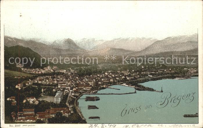 Bregenz Vorarlberg Panorama mit Schweizer Bergen Bodensee Hafen