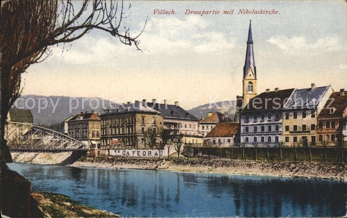 Villach Kaernten Partie an der Drau Nikolaikirche