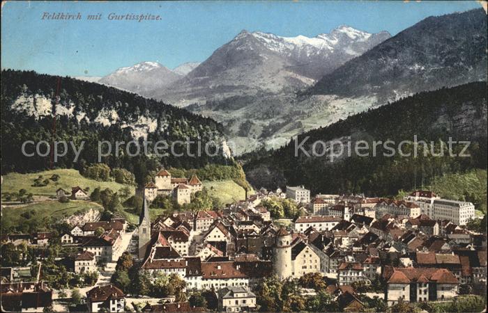 Feldkirch Vorarlberg Ortsansicht mit Kirche Turm Schattenburg Gurtisspitze
