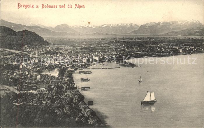 Bregenz Vorarlberg Panorama Rheintal mit Schweizer Bergen Bodensee Hafen