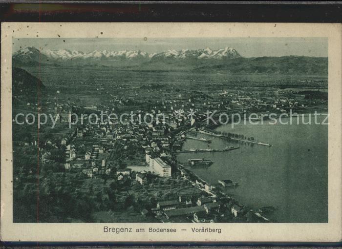 Bregenz Vorarlberg Panorama Rheintal mit Schweizer Bergen Bodensee Hafen