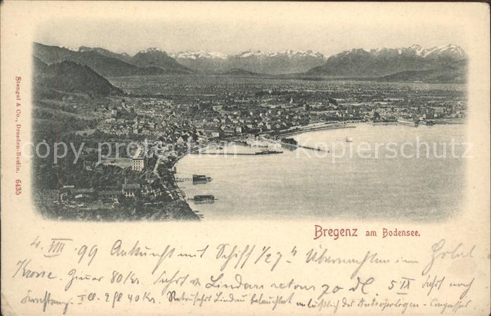 Bregenz Vorarlberg Panorama Rheintal mit Schweizer Bergen Bodensee Hafen