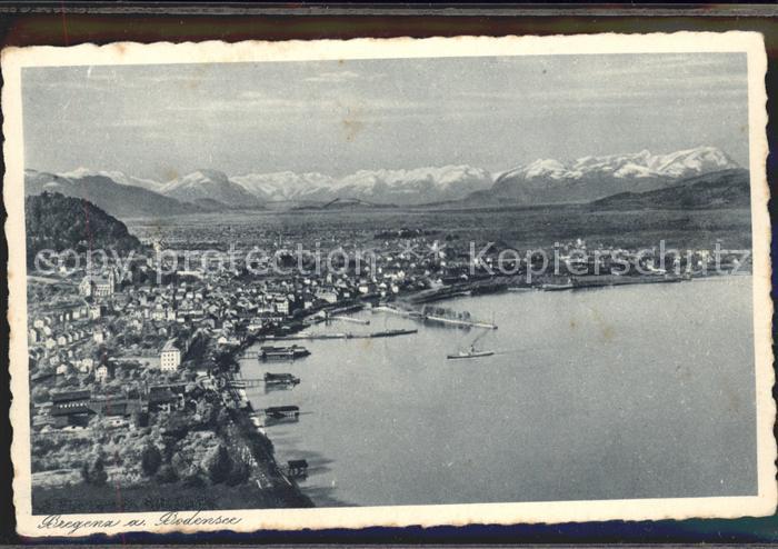 Bregenz Vorarlberg Panorama Rheintal mit Schweizer Bergen Bodensee Hafen