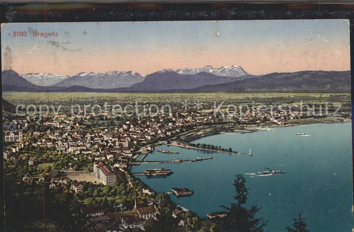 Bregenz Vorarlberg Panorama Rheintal mit Schweizer Bergen Bodensee Hafen Stempel