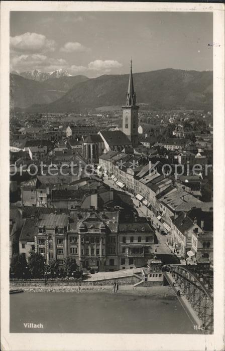Villach Kaernten Blick ueber die Stadt Kirche Drau Bruecke